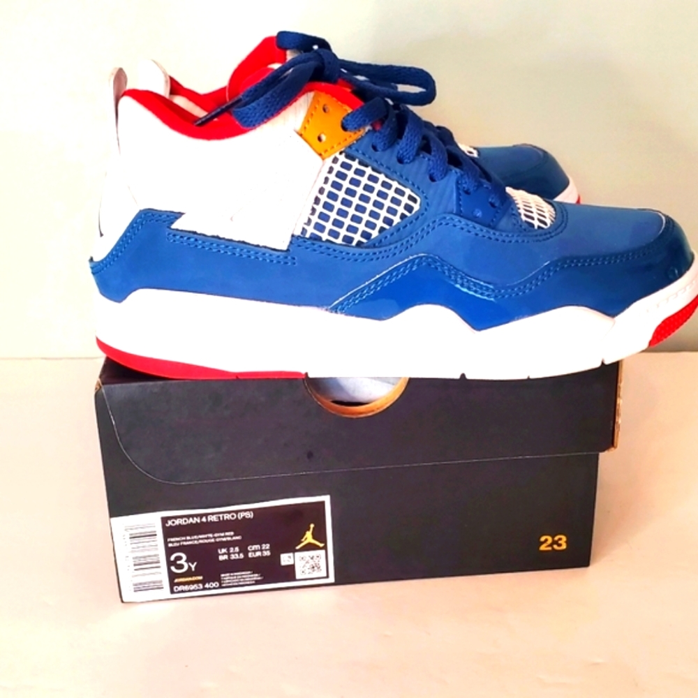 Nike Air Jordan 4 Retro Messy room French Blue Gym Red|Size:3Y